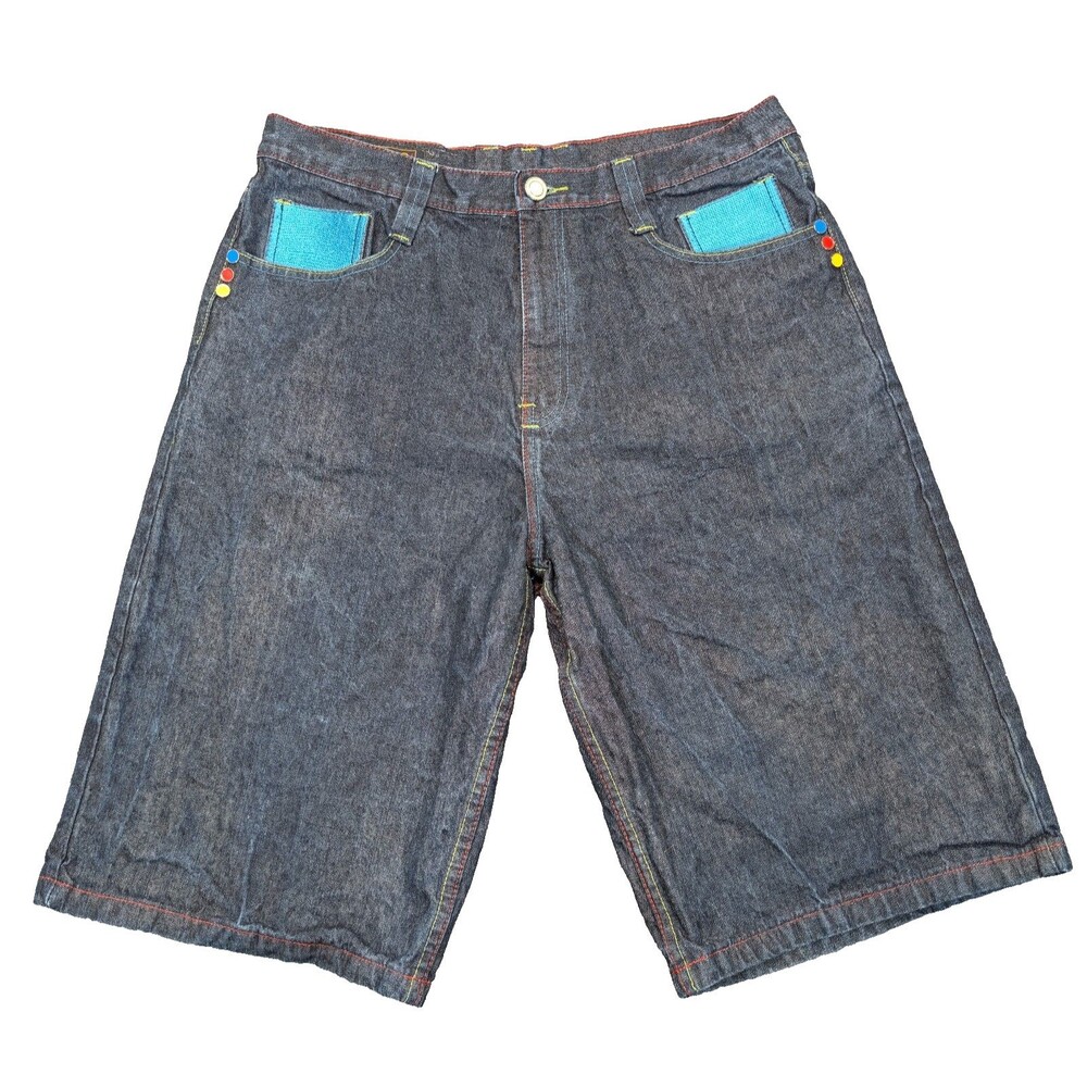 Coogi Mens Denim Shorts Size 36 Rainbow Stitching Multi Color Y2K Hip Hop Baggy